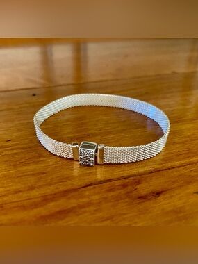 Pandora Reflexions Sterling Silver Sparkling Clasp Mesh Bracelet size 7”